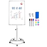 maxtek Flipchart Ständer, 90x60cm Flipcharts Whiteboard, Haken Verschieben Flipchart Papier, Magnetisch Beschreibbare Höhenverstellbar Flip Chart, 1 Radierer, 3 Markern und 6 Magneten