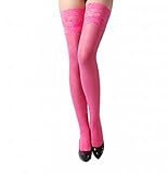 Xfome Damen-Strumpfhose, Spitze, Oberschenkel, hohe Seide, Rosa, One size