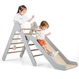 COSTWAY Kletterdreieck mit Rutsche, Klettergerüst aus Holz, Sprossendreieck zum...