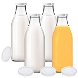 4 Glasflaschen 1000ml Saftflaschen Milchflaschen mit 8 Deckeln Weiß inkl....