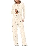 Rapbin Schlafanzug Damen Lang Pyjama Set Loungewear Herbst Kirschen Oberteil und...