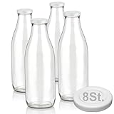 Geniess-Bar! 4 Milchflaschen 1L mit Deckel & Ersatzdeckel 1 Liter Glasflaschen...