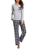 iClosam Schlafanzug Damen Lang Pyjama Set Winter Baumwolle V-Ausschnitt...