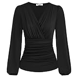 GRACE KARIN Damen Langarm V-Ausschnitt Einfarbig Top Slim Fit Plissee-Tops...