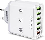 USB Ladegerät, 6-Ports Schnellladegerät, 65W Ladestecker mit Intelligent QC...