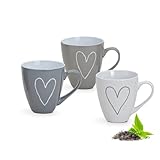 Jumbo Kaffeetassen 3er Set Landhausstil Herz weiß, grau, beige - Große 400ml...