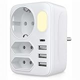 VEFVE USB Steckdose mit Nachtlicht, 8 in 1 Triple Plug Adapter mit 3 USB-A...