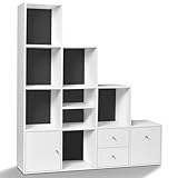 IDMarket - Liam Treppen-Regal mit 4 Ebenen, Holz, weiß + Tür / Schubladen,...