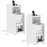 2er Set Nachtschrank Schmal mit Ladefunktion Beistelltisch mit 2 Schubladen,...