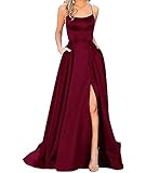 HAHAEMMA Damen Elegant Lange Ballkleider mit Taschen Satin A-Linie Backless...