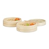 Relaxdays Bambusdämpfer 3-teilig, 2 Dampfkörbe mit Deckel f. Reis u. Dim Sum,...