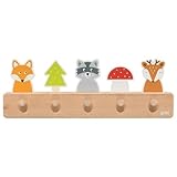 goki 60662 - Garderobe Waldfreunde aus Holz, Kindergarderobe mit 5 Haken,...