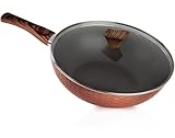 GGC Wok Pfanne 32cm mit Deckel und abnehmbarem Stiel-Griff in Holzoptik I...