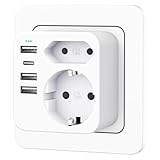 Mehrfachsteckdose mit 4 USB Ports, Mehrfachstecker für Steckdose mit 2 Fach...