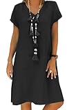 Sommerkleid Damen Leinen Kleider Casual V-Ausschnitt Midikleid Kurzarm A-Linie...