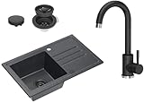 VBChome Granitspüle Schwarz mit Schwarzer Armatur und Siphon, 70 x 44 cm,...