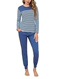 Aseniza Schlafanzug Damen Lang Baumwolle Bündchen Winter Pyjama Set Gestreift...