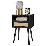 IBUYKE Nachttisch Rattan, Boho Beistelltisch mit Schublade offenes Regal, Holz...