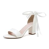 smlekwc Damen Offene Zehen Satin Hochzeit Sandalen Schnürung Weiß Brautschuhe...