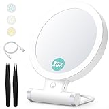 Schminkspiegel mit Beleuchtung, 20X/1X Doppelseitige Tischspiegel,3 Farblichter,...