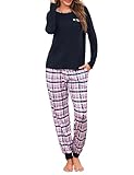 Leversic Schlafanzug Damen Lang Kariert Zweiteiliger Pyjama Set, Rundhals...