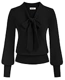 Damen Pulli für Frauen Fliege Hals Langarm Büro Bluse Casual Shirt Elastisch...