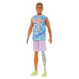 Barbie Ken Fashionistas Puppe Nr. 212 mit Beinprothese in Shirt mit Los...