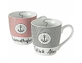 2 Stk Jumbo Tassen Kaffeebecher XXL 480ml Porzellan Anker GLÜCK AHOI +...