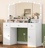 FIONESO Schminktisch mit 3 klappbaren Spiegeln, Schminktisch mit 10 LED-Leuchten...