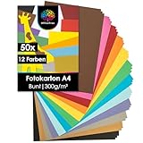 OfficeTree 50x Bastelkarton A4 300g - 12 Farben - Tonkarton A4 Bunt - Pappkarton...