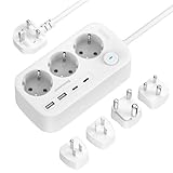 Reiseadapter Weltweit, Steckdosenleiste 3 Fach mit 4 USB(2 USB A,2 USB C),...
