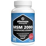 MSM 2000 mg + natürliches Vitamin C, 365 vegane Tabletten für 6 Monate,...