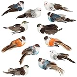 com-four® 12x Dekovogel - künstliche Vögel in 4 bunten Farben - Dekovögel...