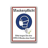Aufkleber 'Maskenpflicht Bitte tragen Sie eine Maske FFP2/3 Maske ohne Ventil'...