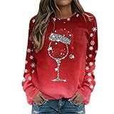 Weihnachtspullover Damen Sweatshirt Rundhals Langarm Rentier Weinglas...