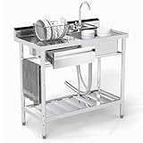 Trintion Freistehende Edelstahl Spültisch, 1 Becken mit Linke Schublade,...