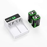 HiQuick 9V Akku mit Ladegerät Set - LCD 9V Batterieladegerät mit 2 X 280mAh 9V...