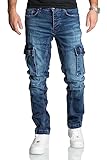 REPUBLIX Herren Cargo Jeans Regular Slim Denim Hose Destroyed R7977 Dunkelblau...