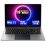 16-Zoll-Laptop, tragbarer Laptop mit 8GB DDR und 512GB SSD,erweiterbar auf 1...