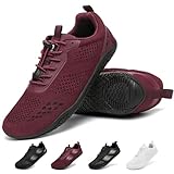 Geweo Barfußschuhe Herren Sommer Bequem Barfuss Schuhe Damen Breite Zehenbox Turnschuhe für Fitnessstudio Running Atmungsaktiv Sportschuhe Zero-Drop Sohle Walking Freizeitschuhe Unisex Weinrot 44EU