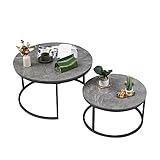 Soayone Couchtisch Rund 2er Set, Grau Marmor Couchtisch mit Grau Metallgestell,...