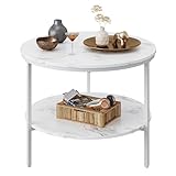 WLIVE Runder Couchtisch Weiß, Wohnzimmertisch Holz mit 2 Ebenen, Sofatisch mit...