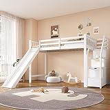 LATICO Kinderbett Hochbett 90x200 cm, Hausbett Etagenbett mit Rutsche und...