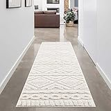 carpet city Teppich Läufer Hochflor Flur - 80x300 cm - Einfarbig Creme - Rauten...