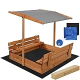 Sandkasten Holz 120x120 cm mit klappbaren Sitzbänken & Rückenlehnen –...
