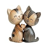 LunarCharm Holzskulptur eines Katzenpaars – 2D-Flache Schreibtischdekoration...