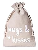 3 Geschenksäckchen mit Gruß - huggs & kisses - Leinensäckchen mit Text,...