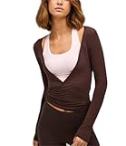 Frauen Y2k Ballett Wrap Top Langarm Tiefer V-Ausschnitt Slim Fit Yoga Pilates...