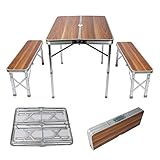 Wiltec Koffertisch mit 2 Bänken Holzdesign Aluminium 90x66x70 cm Campingtisch...