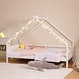 JINPALAY Kinderbett 90 x 200 mit Rausfallschutz Hausbett Kiefernholz Holzbett...